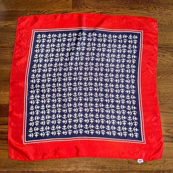 Vtg 60s Glensder Textile red, white & blue anchor print nautical themed scarf - Picture 1 of 8